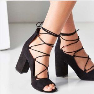NWOT Black Suede Lace-up Open-Toe Sandals